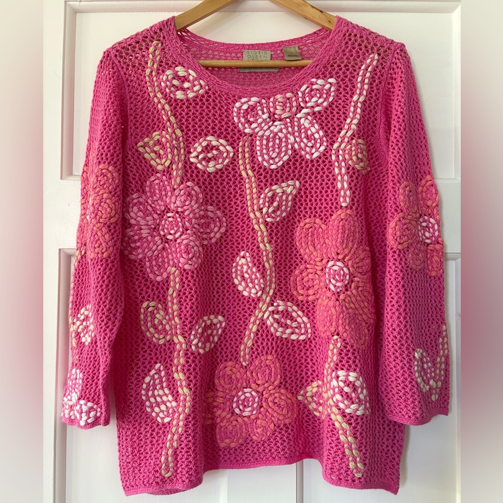 Sigrid Olsen Pink Floral Knit Sweater